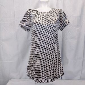 INK Black Bird Silk Dress Womens Med Pleated Jewel Neckline Short Bubble Sleeve